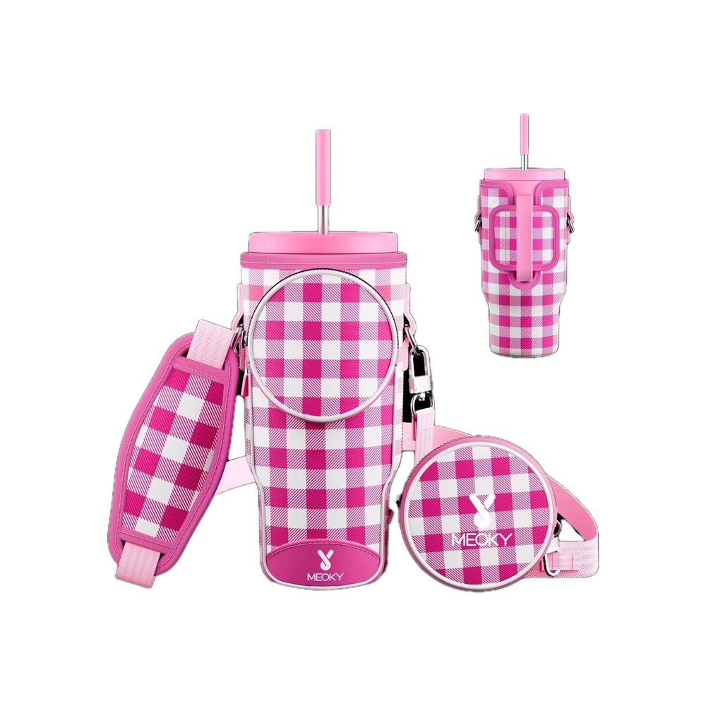 MEOKY Pink Gingham Water Bottle Carrier Bag with Strap an Pouch for 40oz Tumbler